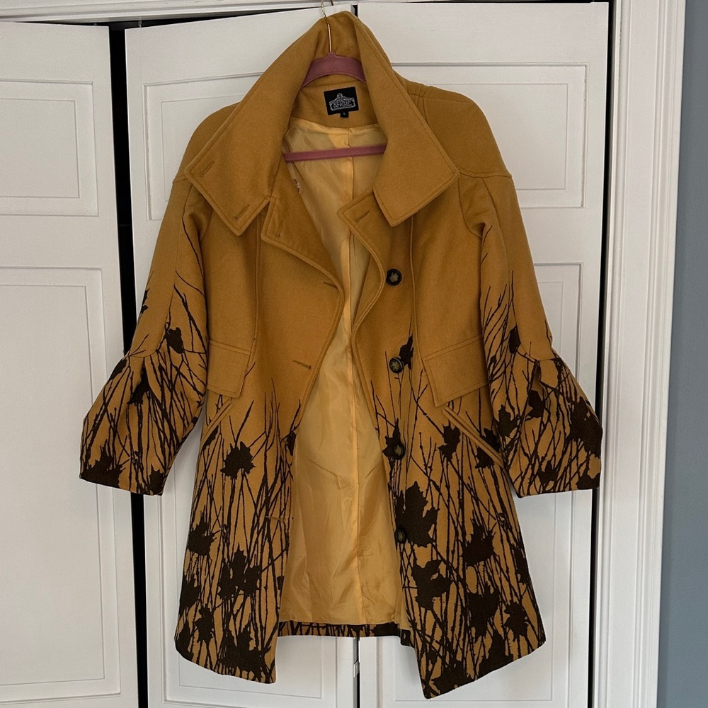Anthropologie Mustard Trench Coat with Black Floral Pattern
